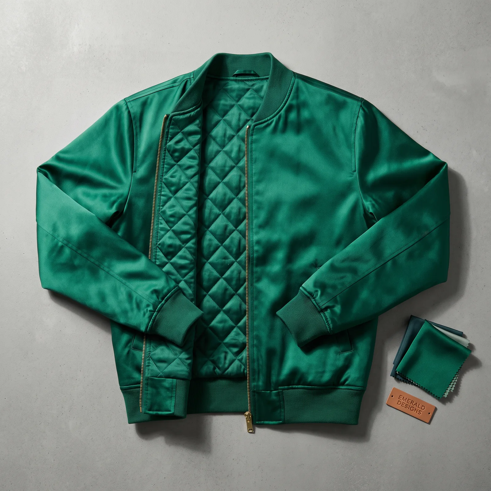 Blouson bomber en soie vert émeraude à doublure matelassée, vue de face à plat