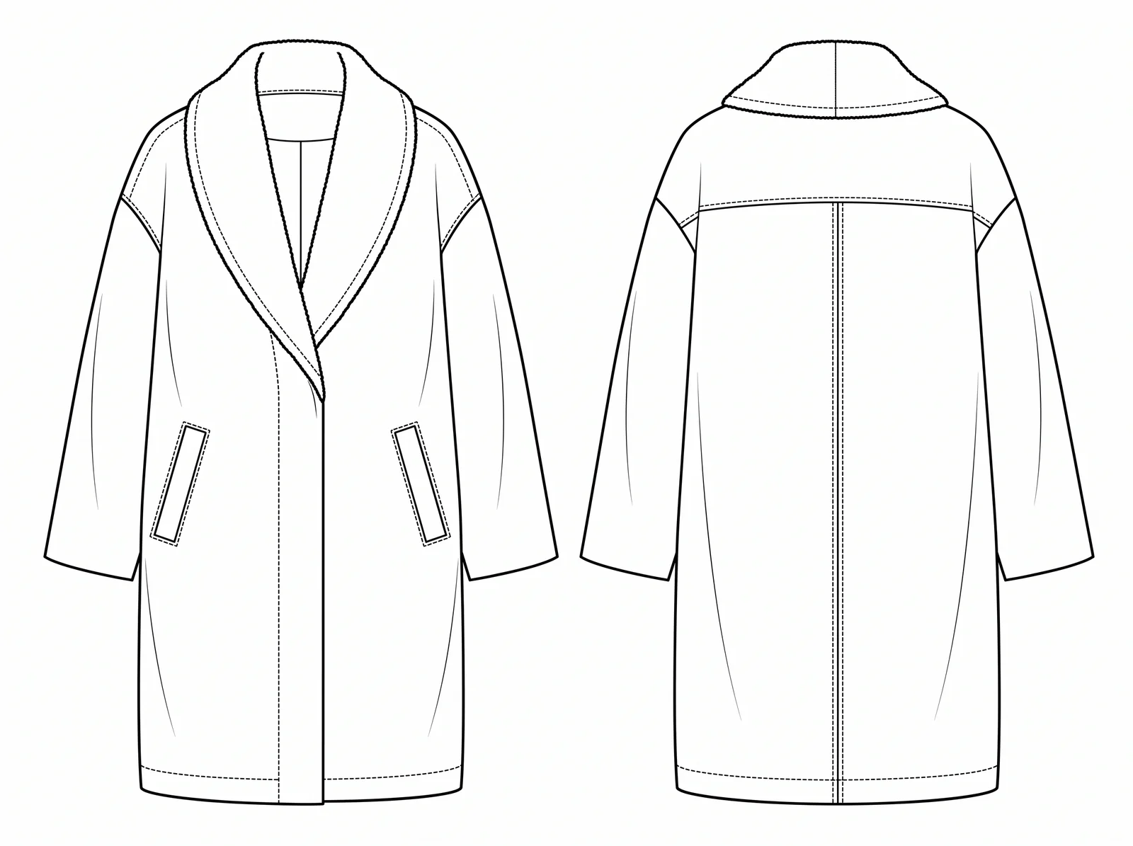 Dessin technique à plat du manteau cocon généré par l'IA, devant et dos