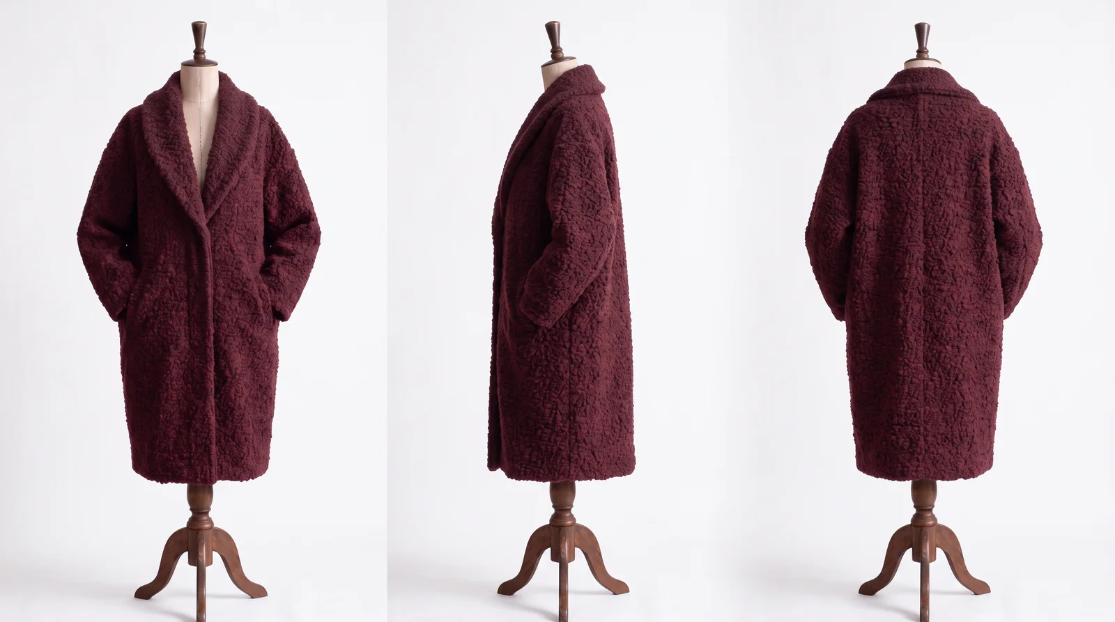 Trois vues IA du manteau cocon bordeaux : face, profil et dos