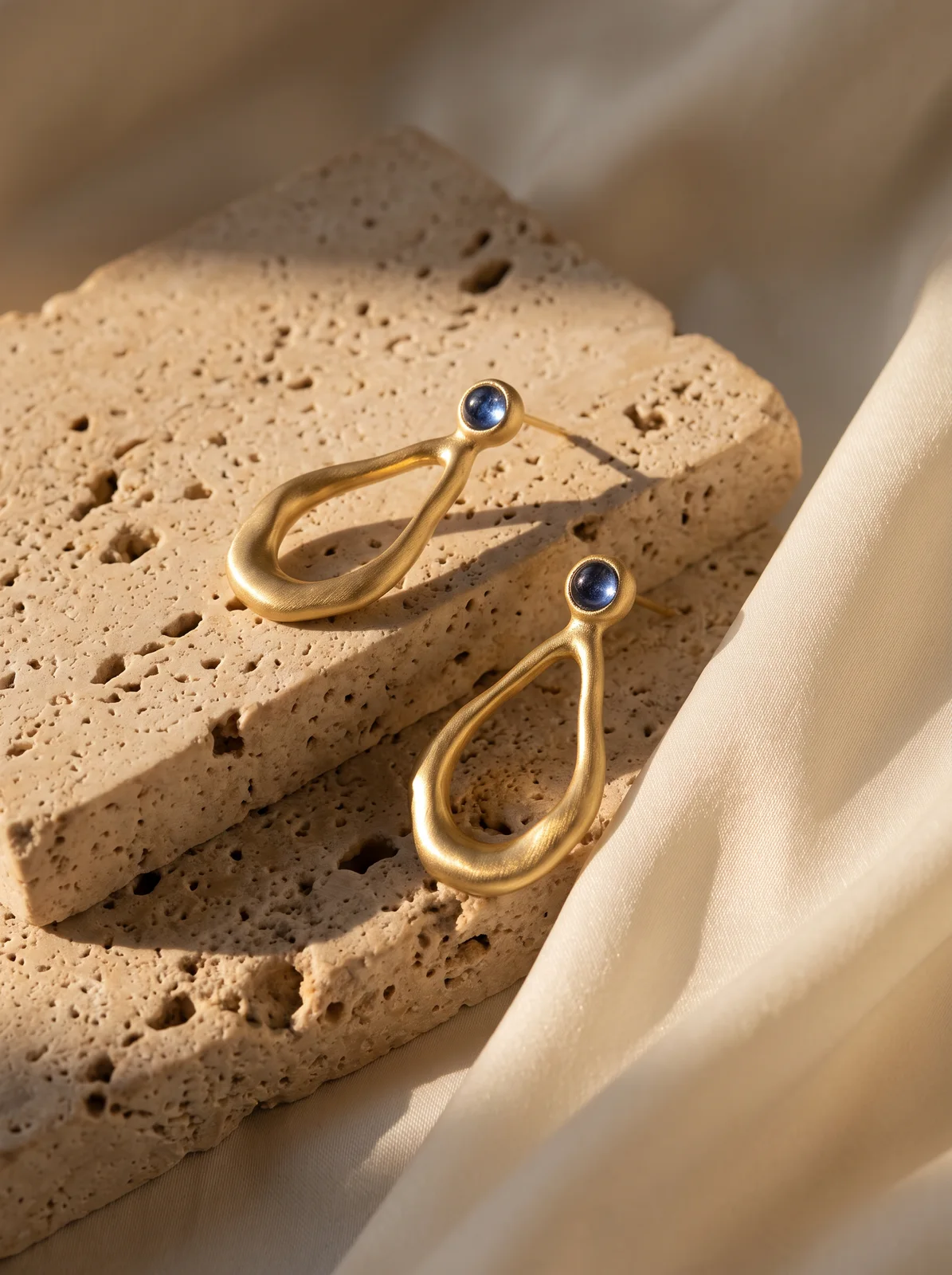 Visuel de campagne joaillerie IA : boucles d'oreilles pendantes en or sur travertin et soie ivoire