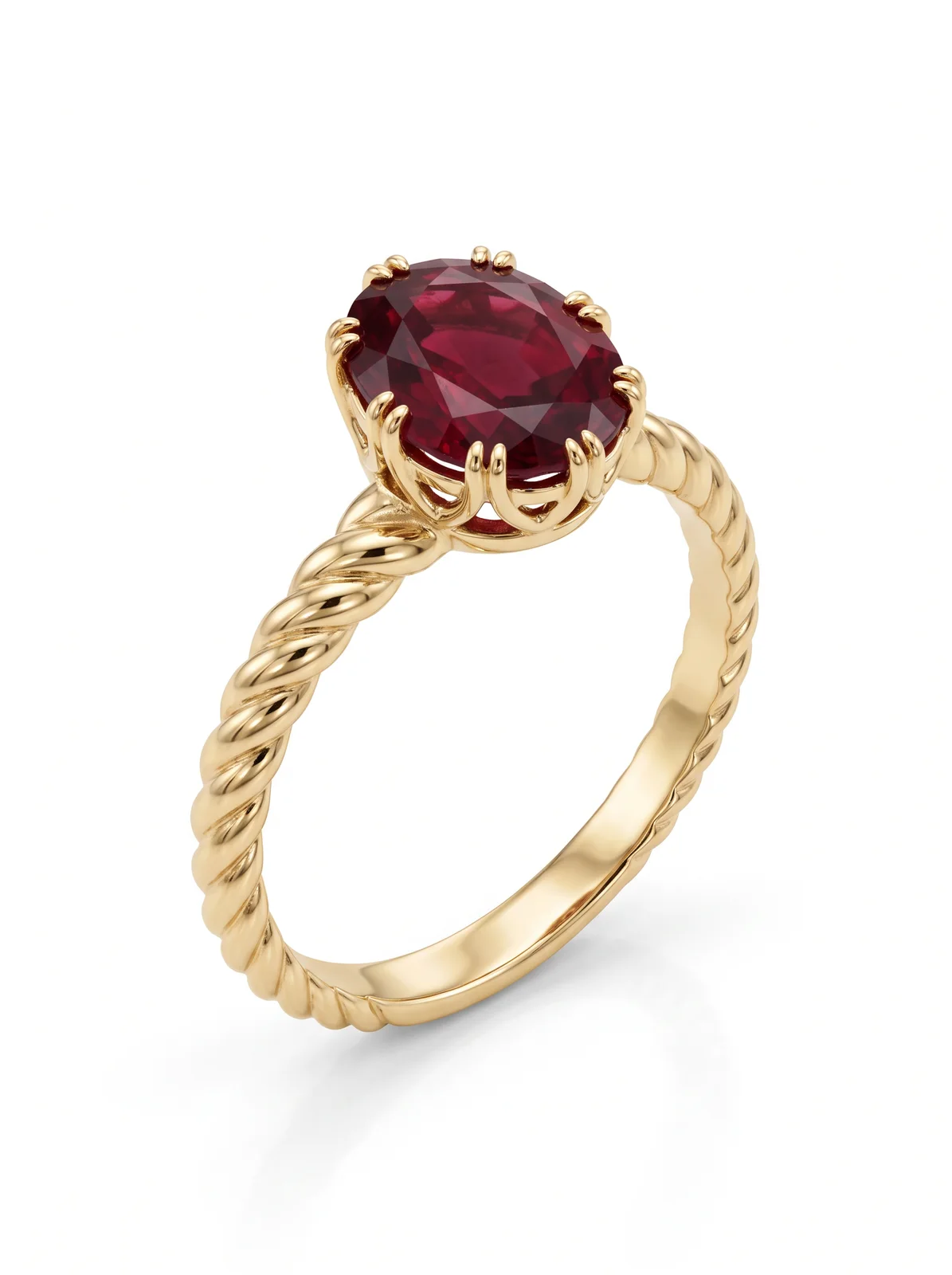 Rendu IA d'après croquis : bague en or jaune à anneau torsadé et rubis ovale