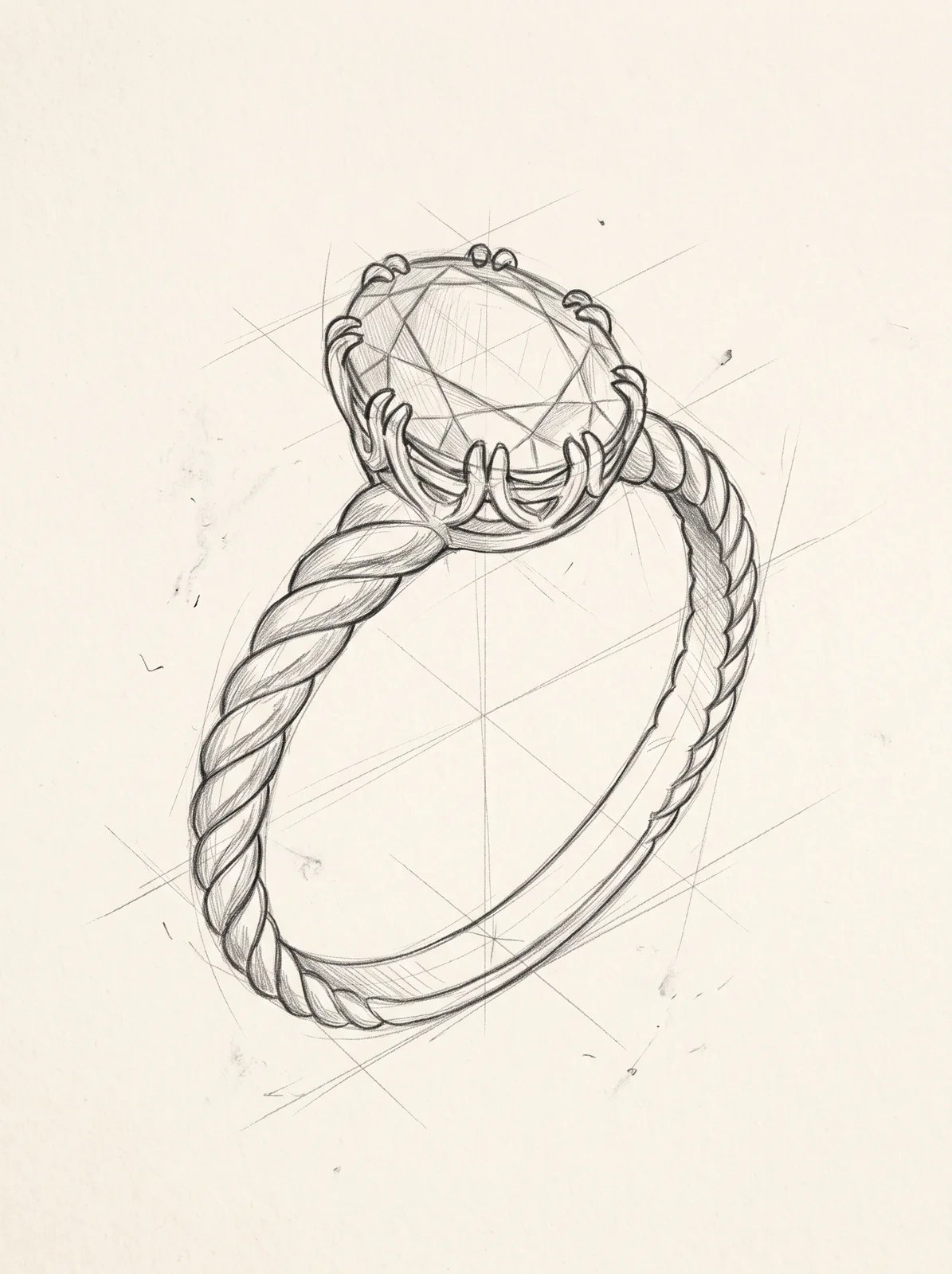 Croquis au crayon d'une bague cocktail à anneau torsadé et pierre ovale