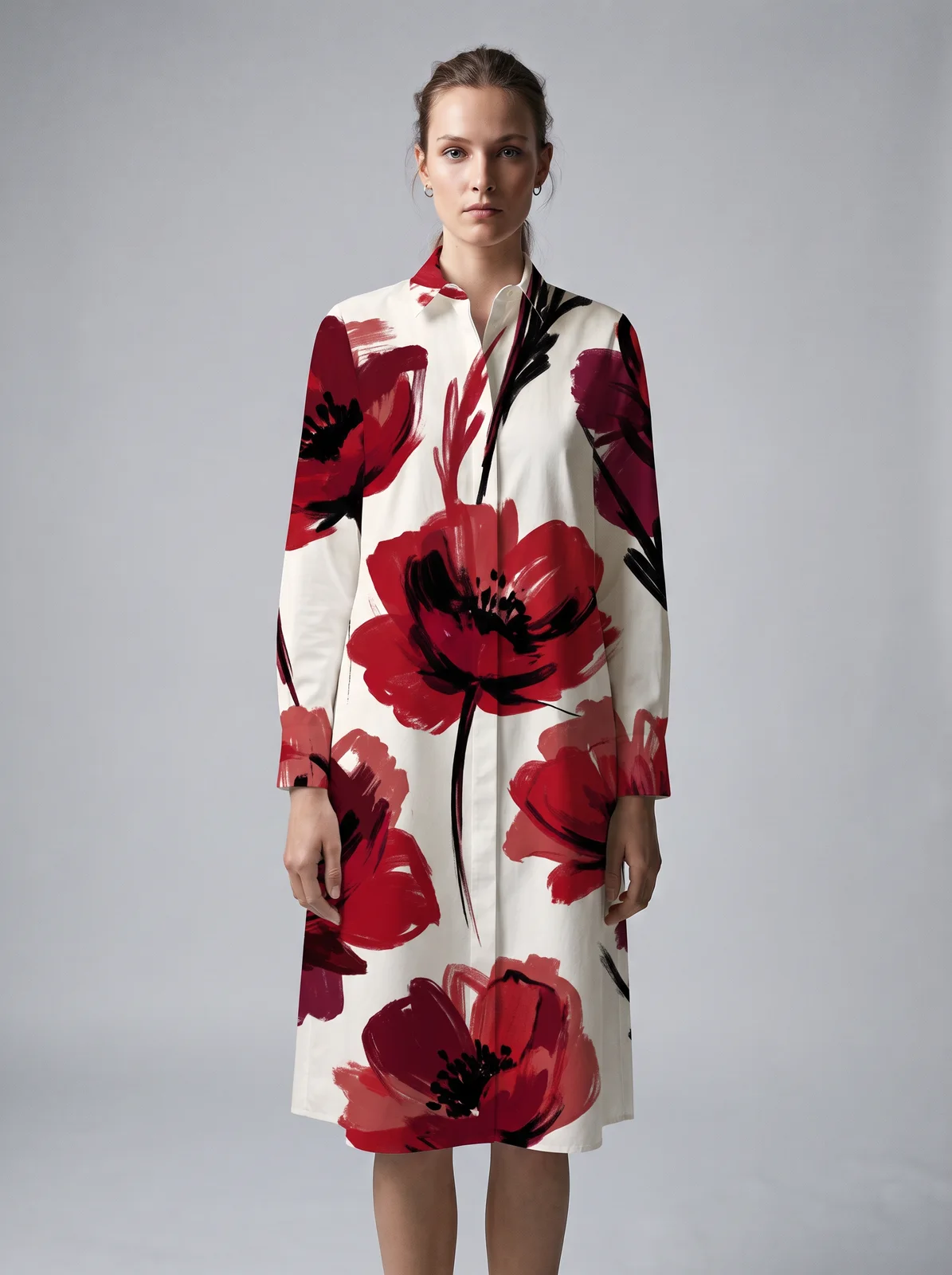 Robe-chemise blanche recouverte de l'imprimé coquelicots par l'IA