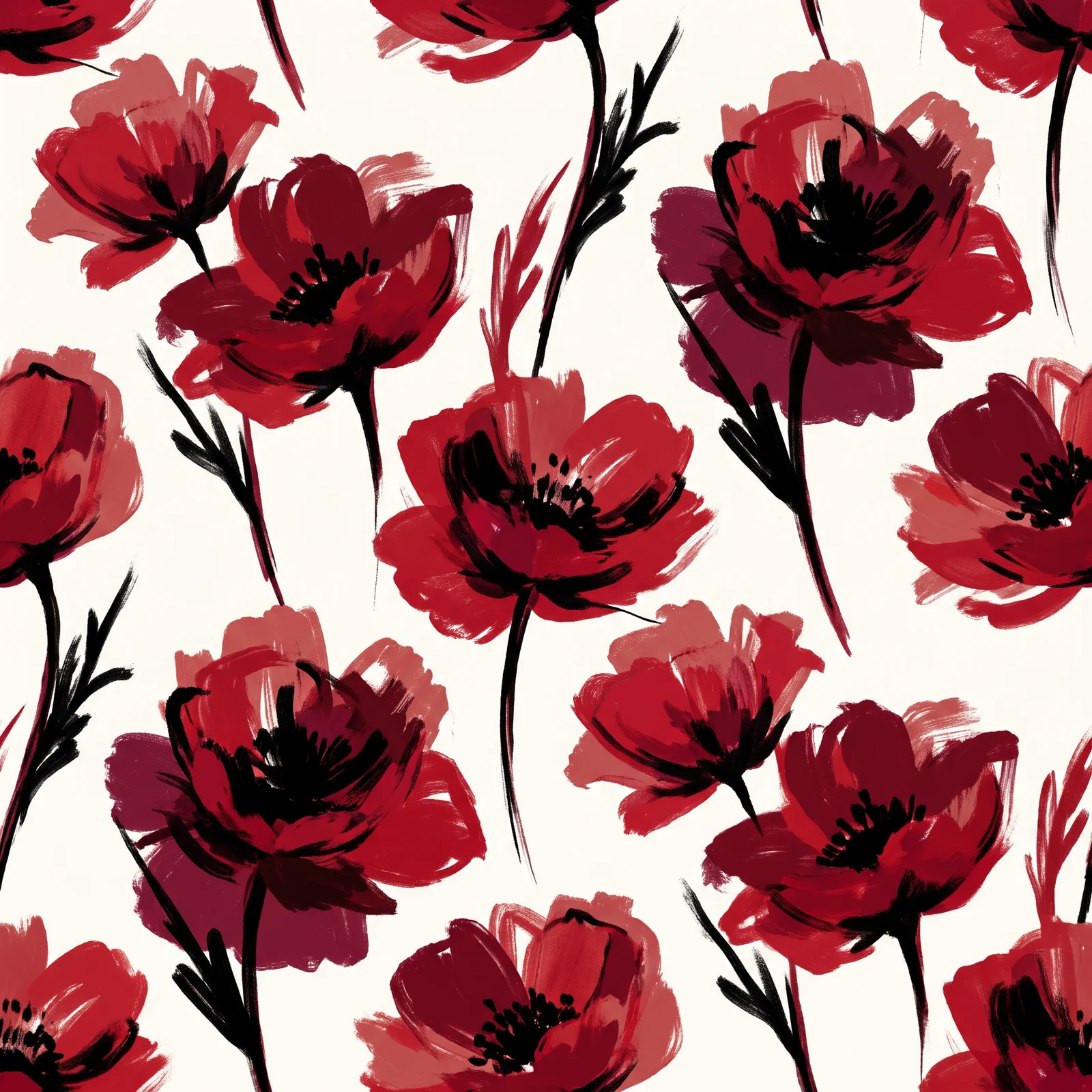 Motif sans raccord de grands coquelicots peints en rouge garance et noir d'encre sur fond blanc os