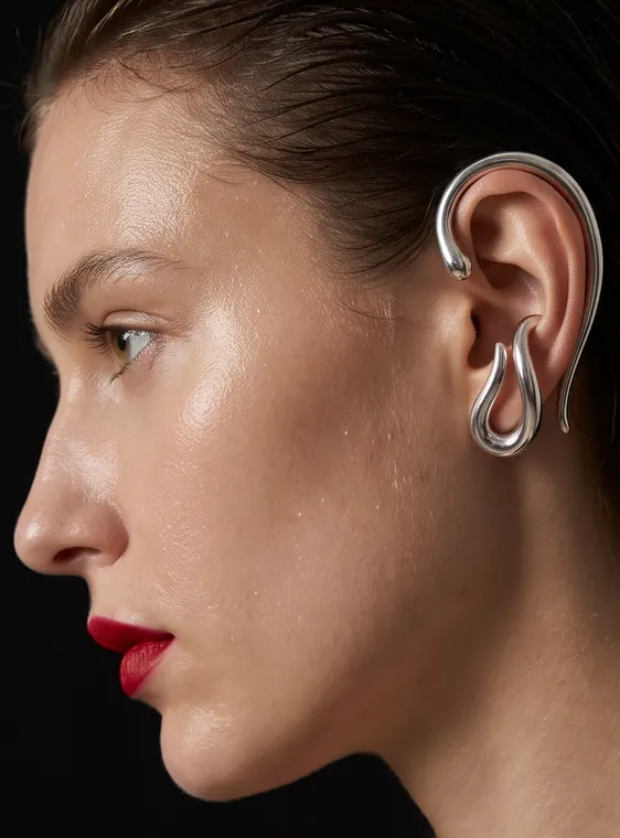 Manchette d'oreille sculpturale en argent poli enveloppant toute l'oreille, profil en gros plan