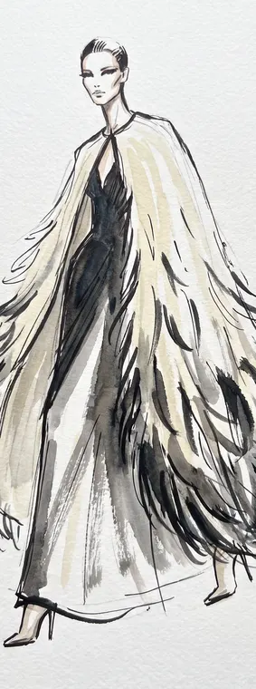 Illustration de mode à l'encre et au lavis d'une cape en plumes ivoire et anthracite