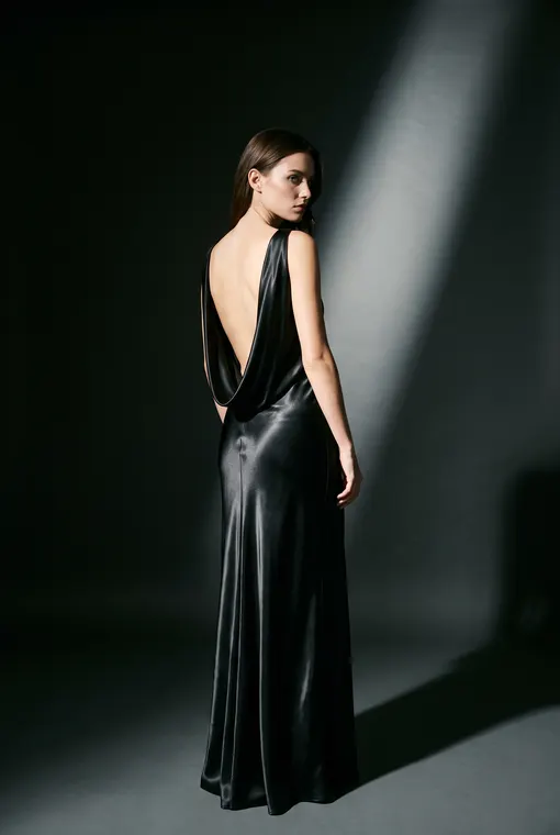 Robe fourreau en satin noir au dos nu drapé profond, le mannequin regarde par-dessus son épaule