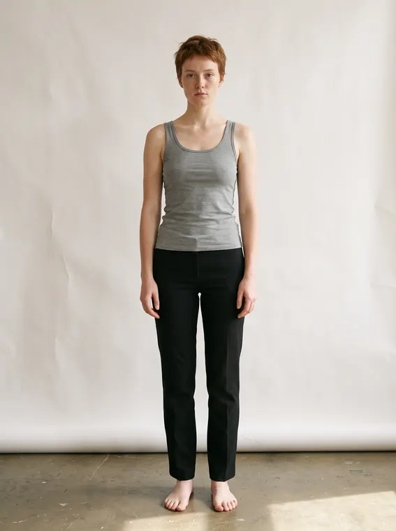 Photo de casting IA d'une mannequin aux cheveux courts auburn, en débardeur gris