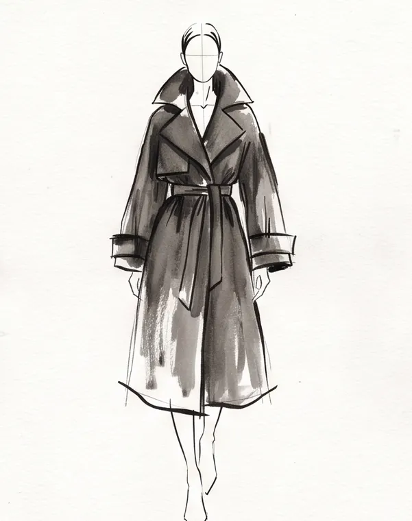 Croquis de styliste à l'encre : long trench ceinturé à grand col, sur figurine de mode