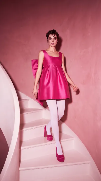 Mini-robe en satin rose, mannequin mise en posture de marche par l'IA