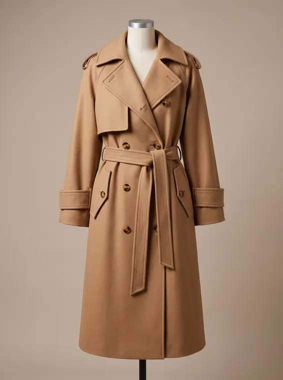 Croquis de trench transformé par l'IA en manteau de gabardine de laine camel sur buste de couture