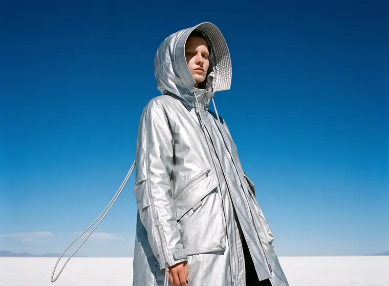 Parka technique métallisée argent liquide à capuche démesurée, sur fond de ciel bleu profond