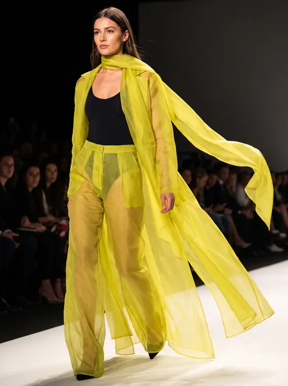Tailleur en organza chartreuse transparent sur body noir, longue écharpe, sur le podium