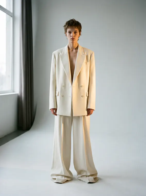 Costume croisé oversize blanc os, pantalon large cassant sur le sol
