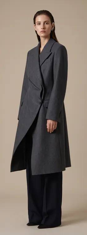 Manteau tailleur en laine anthracite à long devant asymétrique, portrait en studio